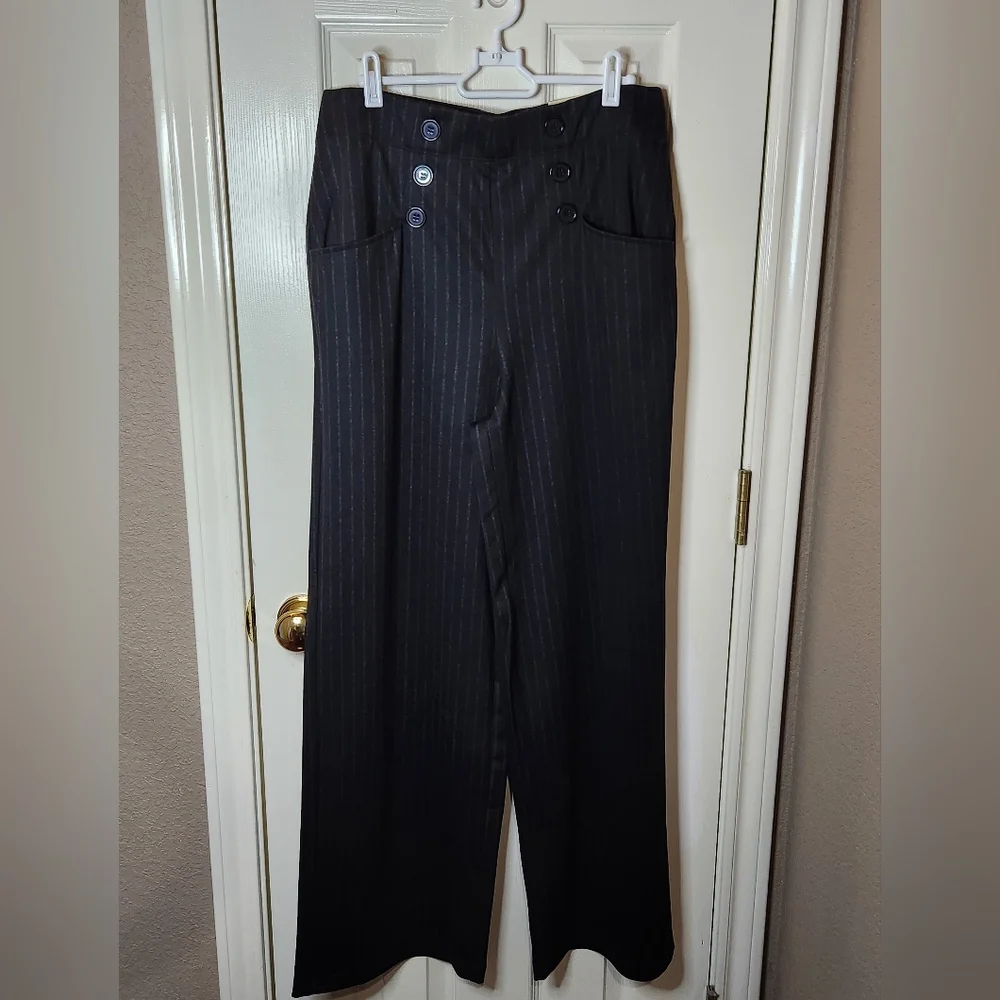 Max Studio High Rise, Wide-legged Black Pinstripe Sailor Pants. NWT. Size L. - Picture 1 of 10